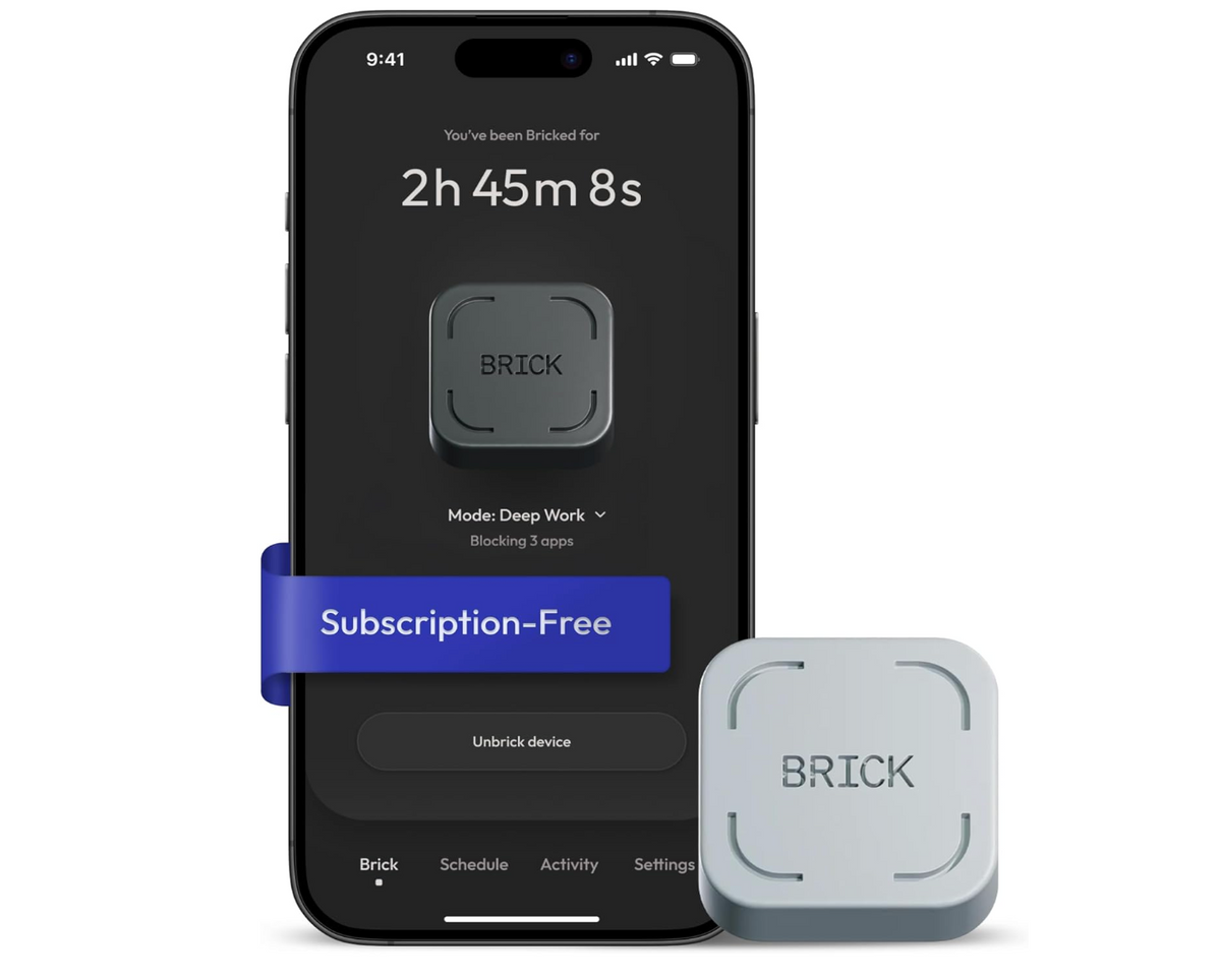 Brick Subscription-Free phone lock beside a smartphone showing the Brick app