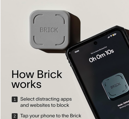 Brick device next to a smartphone showing Brick Mode