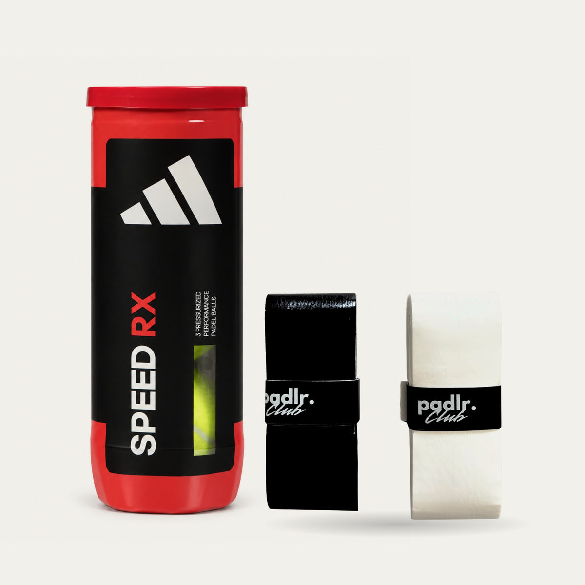Padel gift set with adidas Speed RX padel balls can and Padlr Club black and white overgrips