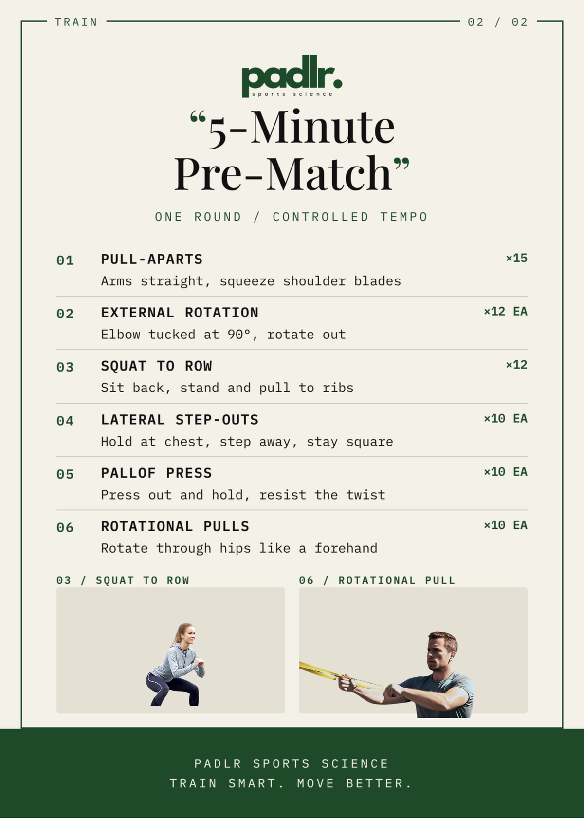 Padlr 5-minute pre-match warm-up routine card with six resistance band exercises