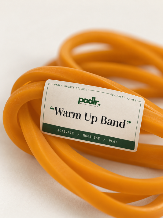 Close-up of the Padlr Warm-Up Band label: Activate / Mobilise / Play