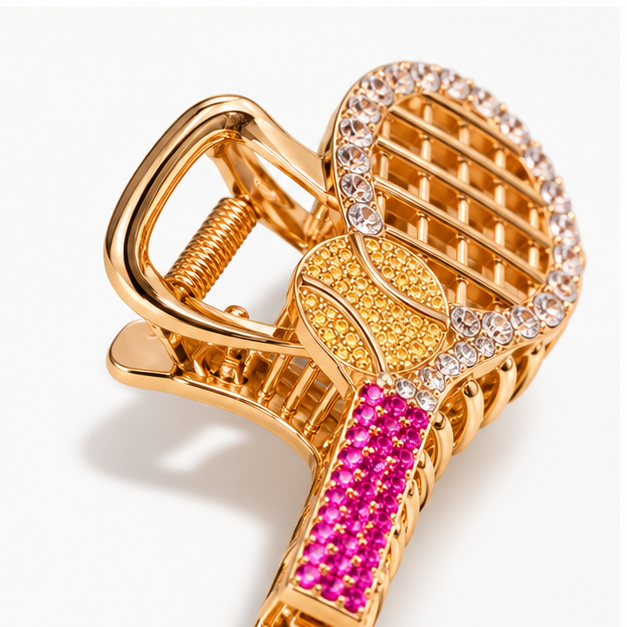 Close-up of crystal, gold and pink rhinestone detail on the racket hair claw clip