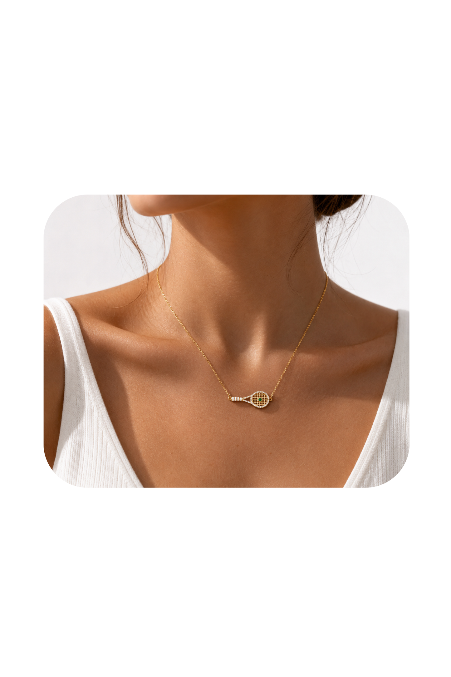 Padel Tennis Racket Necklace | 18K Gold Plated | Cubic Zirconia & Emerald Green Stone | Stainless Steel | Gift Box