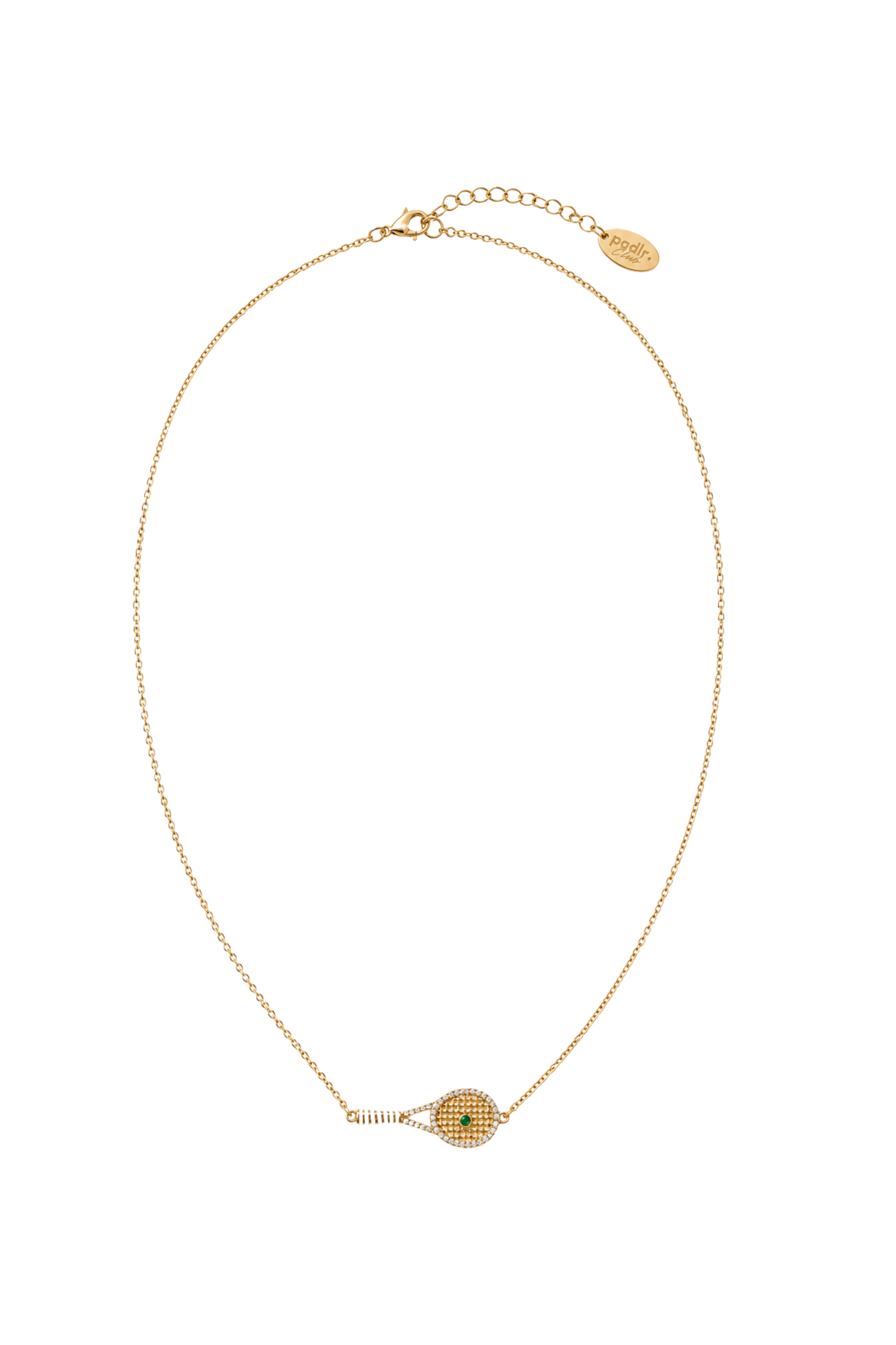 Padel Tennis Racket Necklace | 18K Gold Plated | Cubic Zirconia & Emerald Green Stone | Stainless Steel | Gift Box