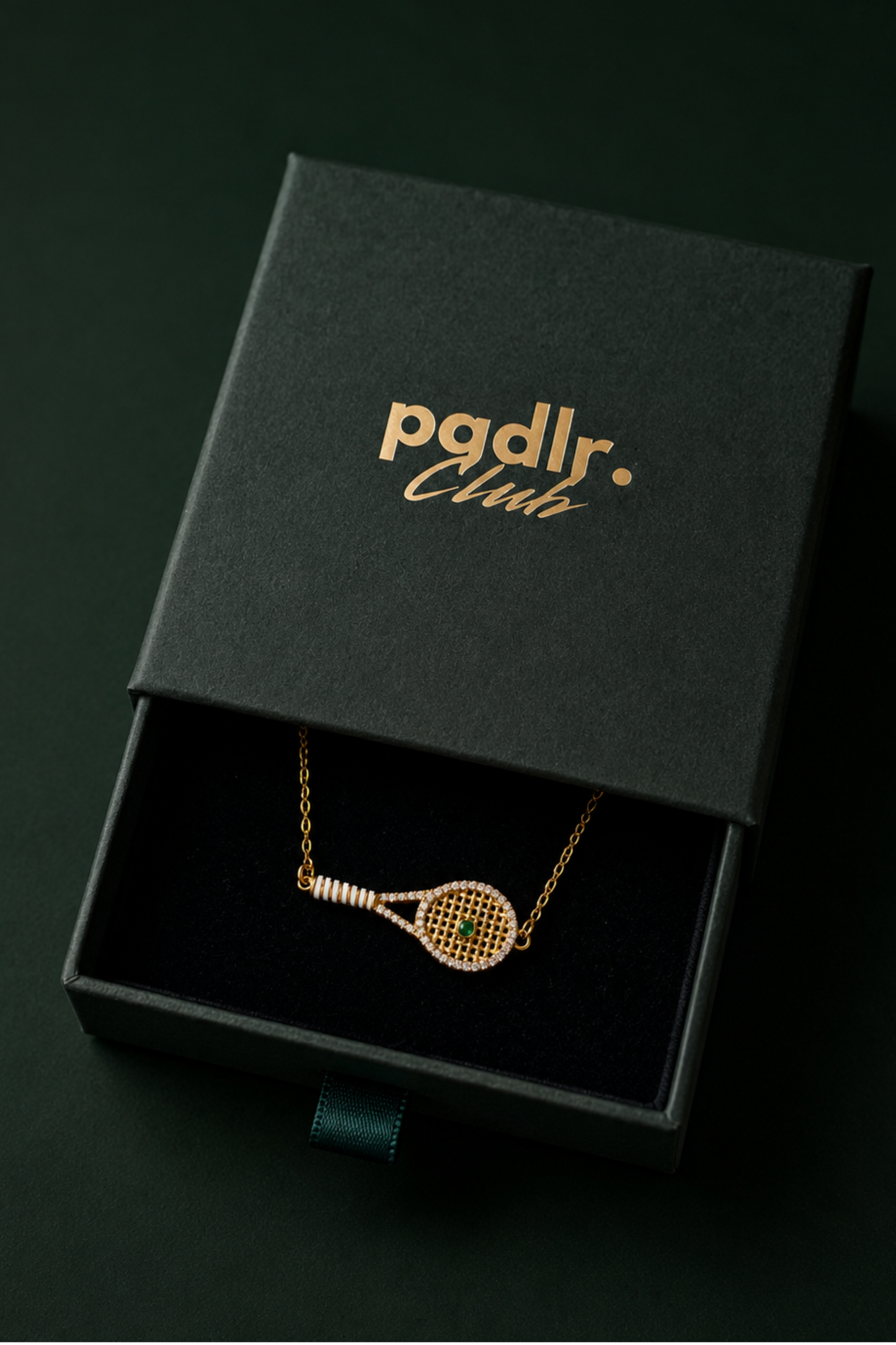 Padel Tennis Racket Necklace | 18K Gold Plated | Cubic Zirconia & Emerald Green Stone | Stainless Steel | Gift Box