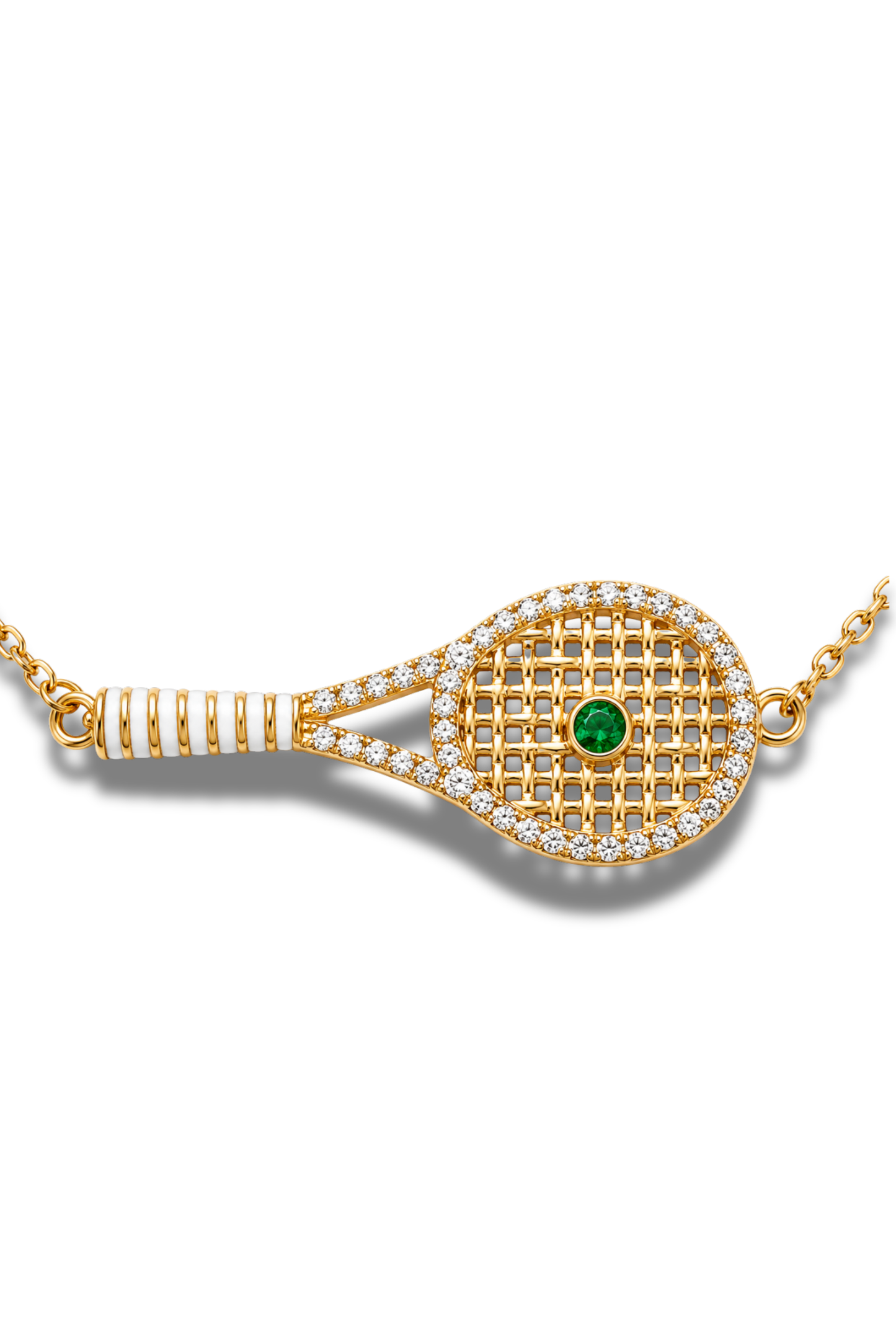 Padel Tennis Racket Necklace | 18K Gold Plated | Cubic Zirconia & Emerald Green Stone | Stainless Steel | Gift Box