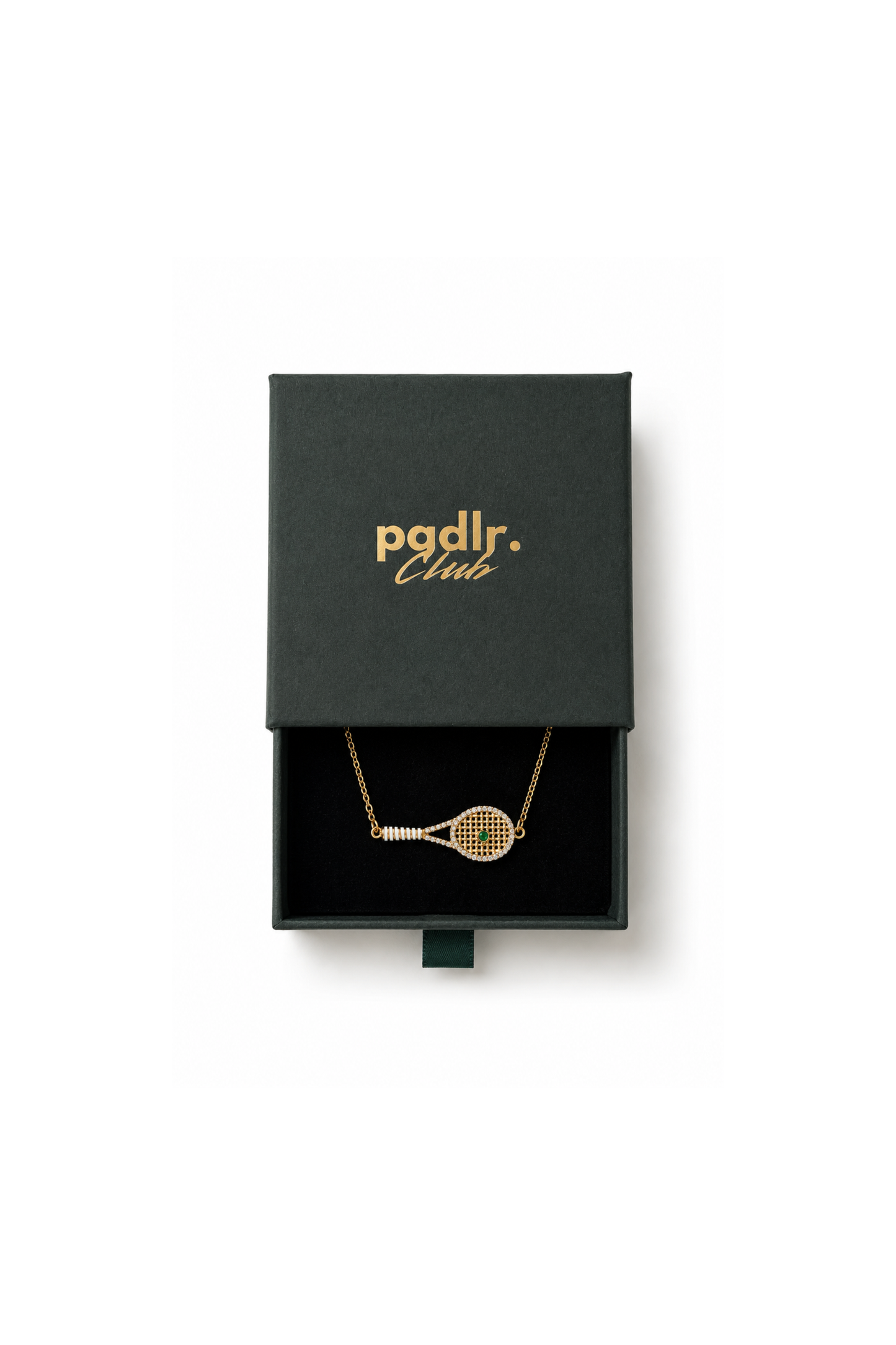 Padel Tennis Racket Necklace | 18K Gold Plated | Cubic Zirconia & Emerald Green Stone | Stainless Steel | Gift Box