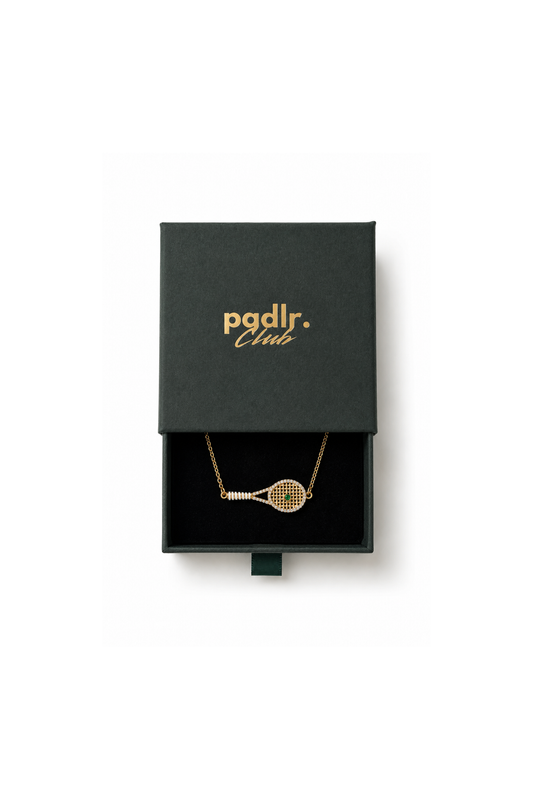 Padel Tennis Racket Necklace | 18K Gold Plated | Cubic Zirconia & Emerald Green Stone | Stainless Steel | Gift Box