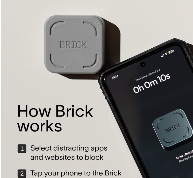 Brick device next to a smartphone showing Brick Mode