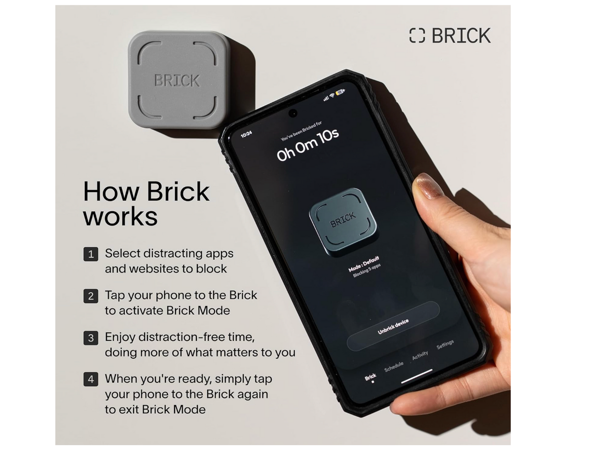 How Brick works: four steps with a Brick device and a smartphone