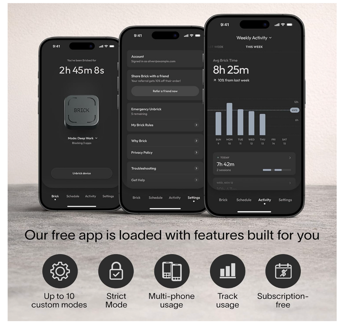 Brick companion app showing focus timer, settings and weekly activity