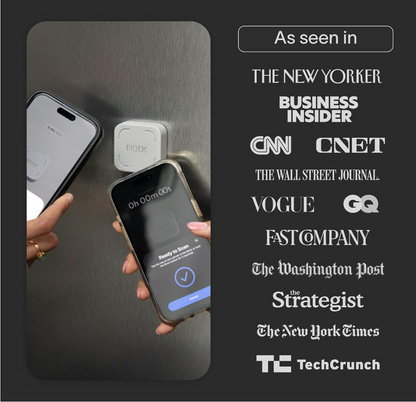 Two hands holding smartphones tapped against a Brick phone blocker