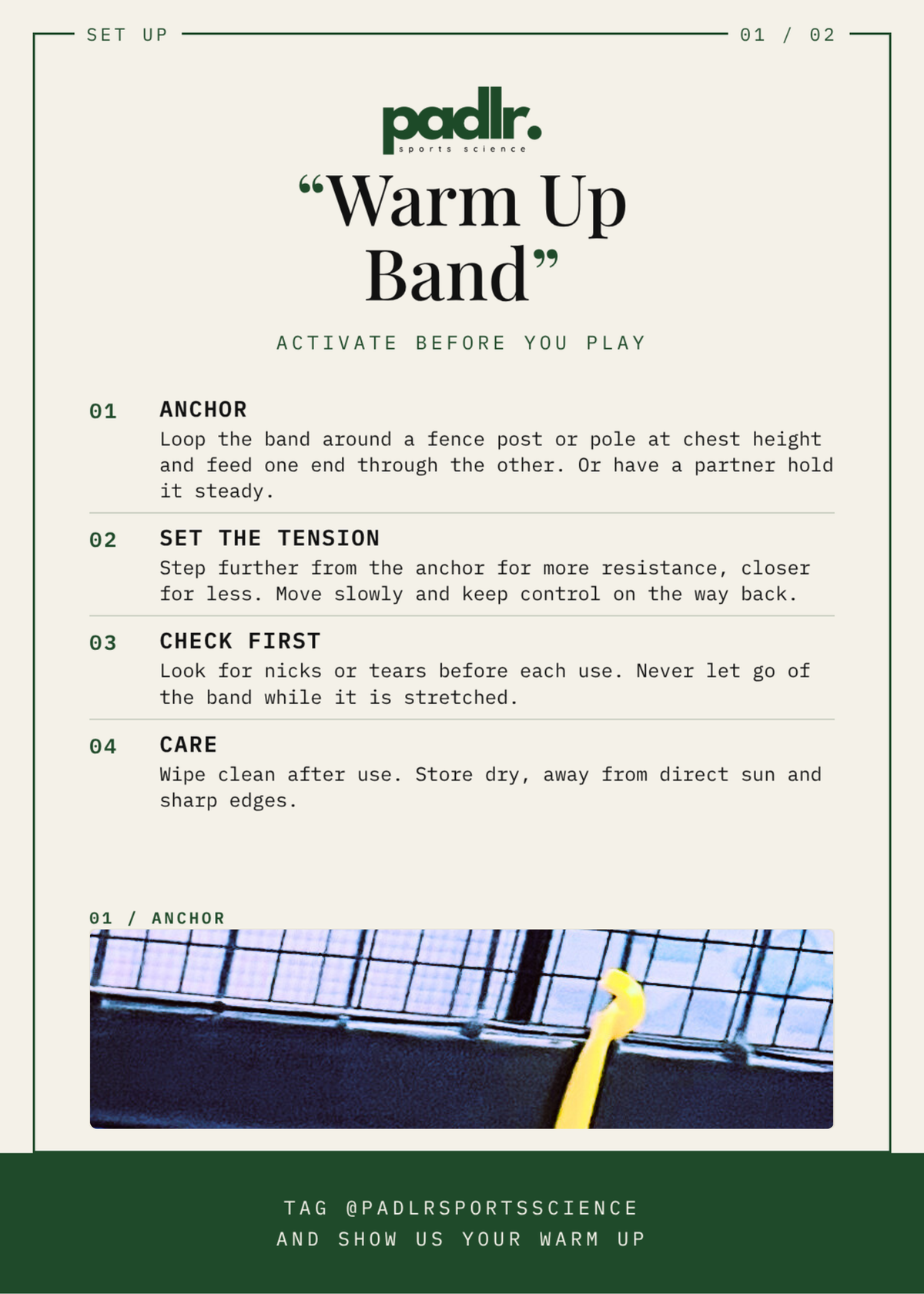 Padlr Warm-Up Band set-up card: anchor, set the tension, check first and care