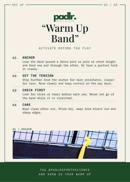 Padlr Warm-Up Band set-up card: anchor, set the tension, check first and care