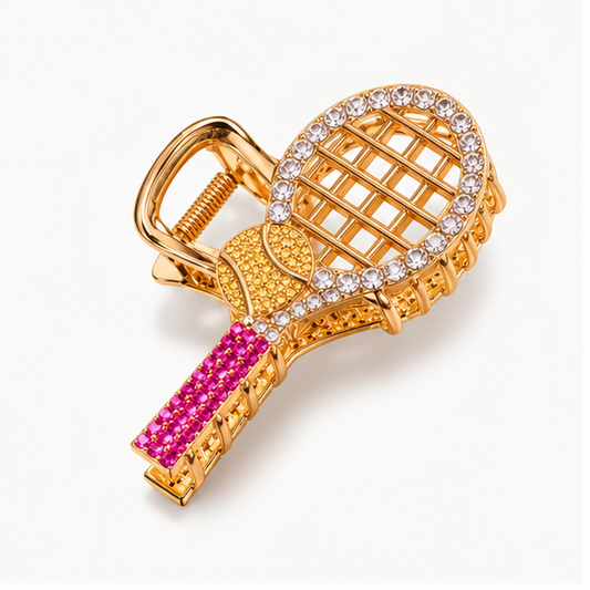 Gold racket claw clip with crystal and pink rhinestones, padel and tennis hair clip by Padlr Club