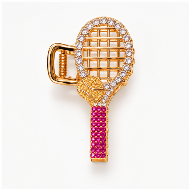 Front view of the Padlr Club racket claw clip with pink rhinestone handle and gold spring hinge